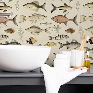 Vintage Fish Wallpaper | Nautical & Botanical Wall Mural | Antique Fish Illustration Decor - Removable Wallpaper