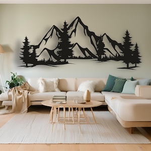 Decorazione da parete in metallo con montagna e foresta, alberi sempreverdi, arte da parete con foresta, cartello in metallo con montagna, decorazione da parete in metallo con montagna, arte in metallo con montagna