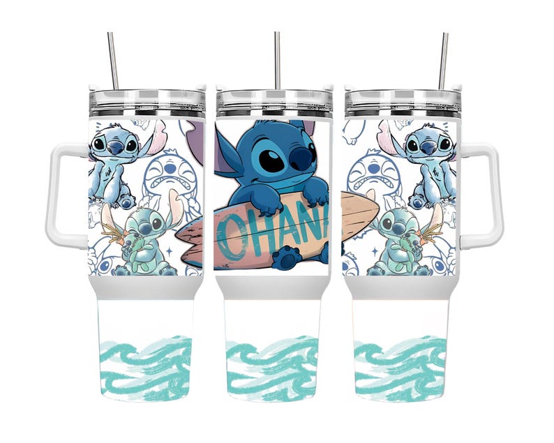 May include: White travel mug featuring a blue cartoon character holding a surfboard with the word "OHANA" on it. The mug has a handle, a silver lid, and a straw. The design includes various images of the character and a blue wave pattern.
