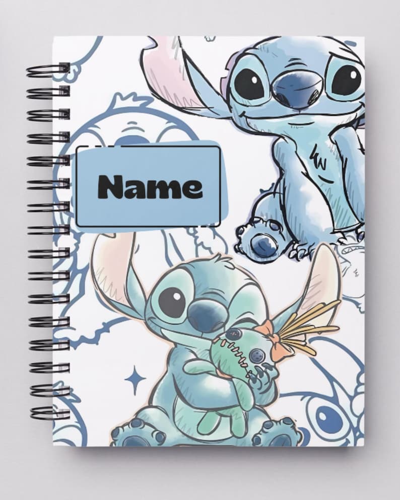 May include: Spiral-bound notebook featuring a blue and white design with the character Stitch from Lilo & Stitch. The notebook has a light blue rectangle with the word "Name" in black. The background has multiple Stitch illustrations.