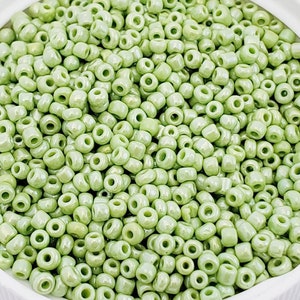 11/0 Seed Beads, Opaque Pearly Lime Green Glass Seed Beads, Round Rocailles, 25 grams