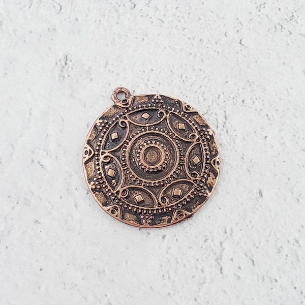 Boho Coin Charm, Plated Gold, Antique Copper & Brass Ox Cast Medallion Pendant