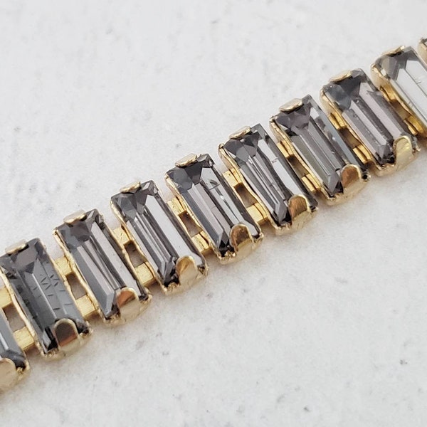 6" Baguette Rhinestone Chain, Black Diamond Baguette Snake Chain, Gold Plated Brass, Pre-cut for Bracelets