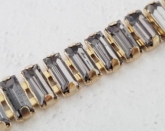 6" Baguette Rhinestone Chain, Black Diamond Baguette Snake Chain, Gold Plated Brass, Pre-cut for Bracelets