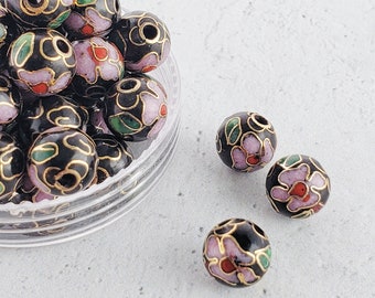 20pcs 8mm Vintage Cloisonne Beads. Black & Pink Round Enamel Cloisonne Beads with Floral Patterns