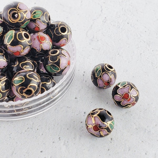 20pcs 8mm Vintage Cloisonne Beads. Black & Pink Round Enamel Cloisonne Beads with Floral Patterns