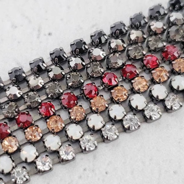 1 Yard Rhinestone Chain, 2mm Hematite Plated Cup Chain with Different Stone Options, Gunmetal Stone Chain