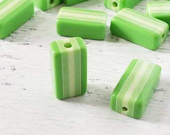 10pcs Striped Green Resin Beads, Rectangular Striped Beads in Lime Green Color