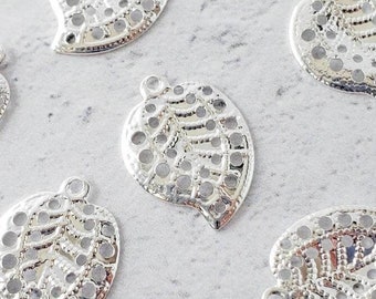 10pcs Silver Filigree Leaf Charm, Shiny Silver Plated Leaf Metal Stamping Pendants
