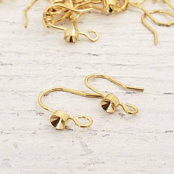 10 pairs Fish Hook Findings with Empty Bezel, Gold Plated Ear Wires for Point Back Stones, Jewelry Earring Findings
