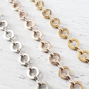 1 Yard of Round link chain, 6 mm Plated Flat Round Link Specialty Chain in Gold, Rhodium and Rose Gold Colors.