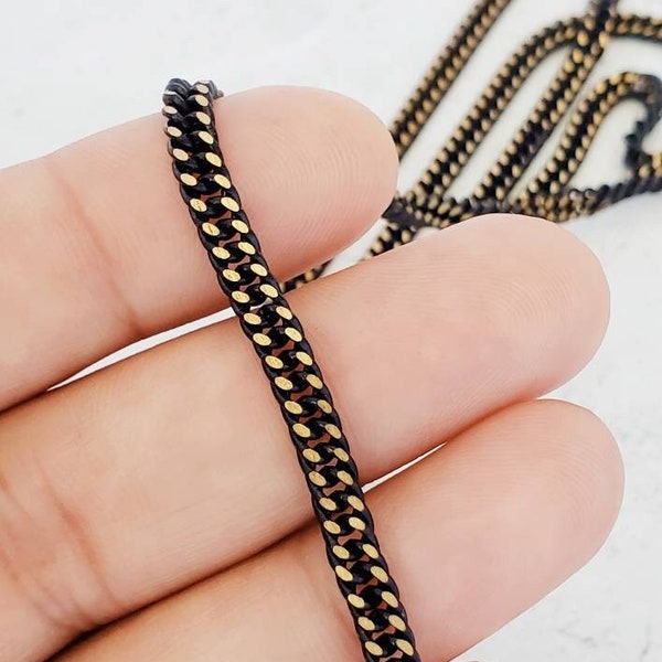 4mm Chunky Curb Chain. Black & Gold Thick Chain, Black Color Hammered Brass Chain