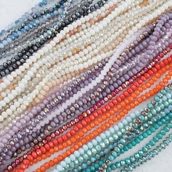 4x3 Faceted Glass Rondelles, 16" Strand of Colorful Glass Rondelles, Choose from Assorted Colors