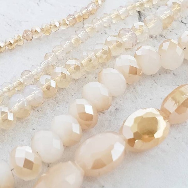 Faceted Glass Rondelles, 16" Strand of Milky White Glass Beads with Half Coated Champagne Color, Various Sizes