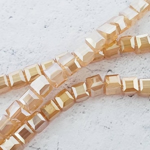 6mm Faceted Glass Cube Beads, 16&quot; AB Champagne Glass Square Beads, 72 Bead Strand.