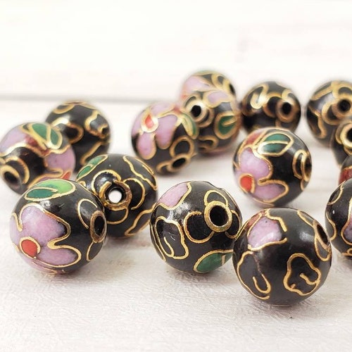 Vintage Black Cloisonne Round Beads Chinese Floral 12 14 & Etsy