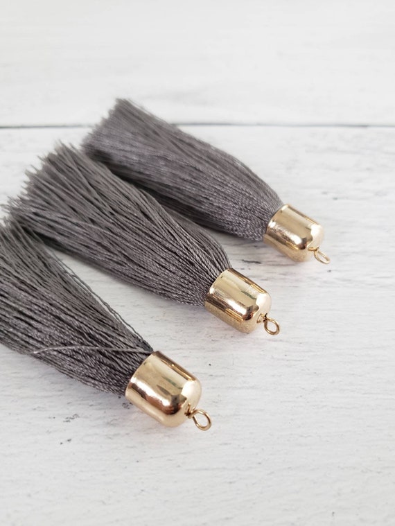 Large Gray Thread Tassel with End Cap. 2.75"  Silky Thread Tassel with Gold Plated Cap and Loop
