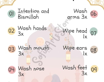 May include: A colorful infographic with a pink, green, and yellow background. The infographic outlines the steps of Wudu, a ritual washing in Islam, with numbers and text. The steps include intention and Bismillah, wash hands 3x, wash mouth 3x, wash nose 3x, wash face 3x, wash arms 3x, wipe head 1x, wipe ears 1x, wash feet 3x, and Shahadah.