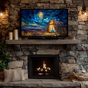May include: A cozy fireplace with a stone facade. A lit fire is in the fireplace. A TV displays a stained-glass style image of a nativity scene. Candles and a small plant sit on the mantle. A basket and blanket are on the hearth.