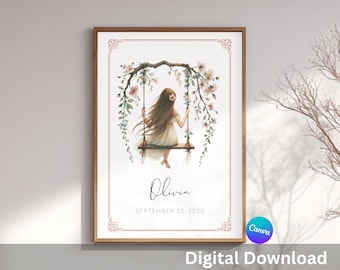 Benutzerdefinierte Aquarell Mädchen auf Baum Schaukel | Geburtstag | Kinderzimmer | Kinderzimmer Dekor