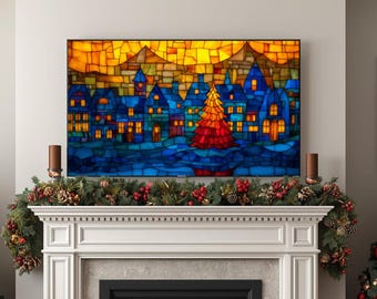 Glasmalerei Weihnachtsstadt - TV Art, Samsung Frame TV, Apple TV, Roku, Amazon Fire Stick
