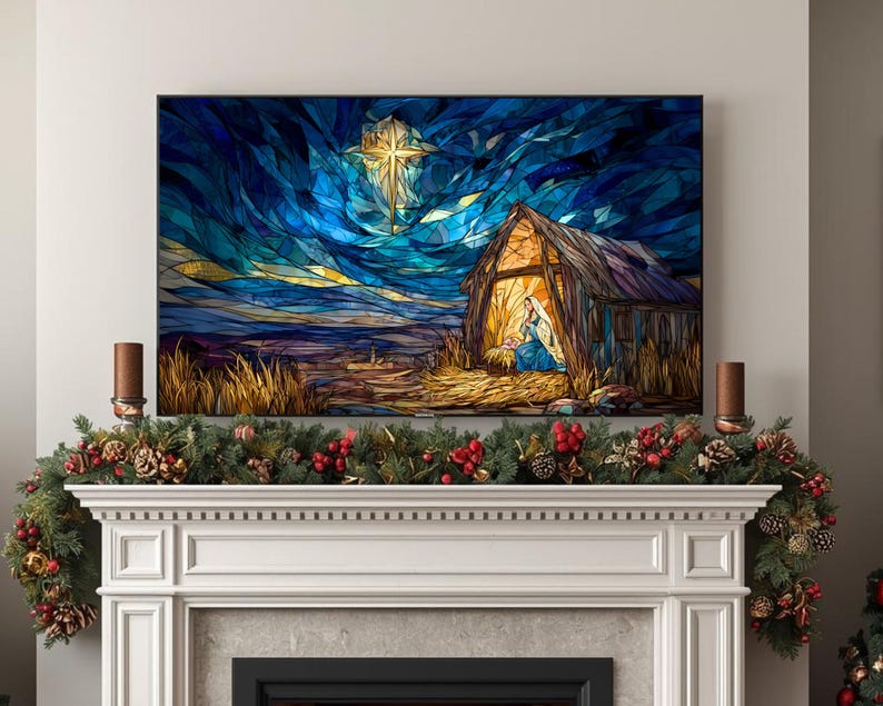 May include: A stained-glass style artwork depicting a nativity scene. The artwork features a star, a stable, and figures in blue and gold hues, set against a dark blue sky. The artwork is displayed above a fireplace decorated with a festive garland.