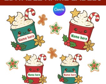 Personalisierte Weihnachten Coco Namensschilder PNG | Kinder Rot und Grün Coco Tassen | Zuckerkeks | Lebkuchenmann