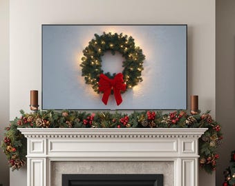 Weihnachtskranz mit Lichtern und rotem Band - TV Art, Samsung Frame TV, Apple TV, Roku, Amazon Fire Stick