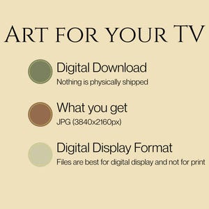 May include: A beige graphic with the text "ART FOR YOUR TV". The image details a digital download, the file format (JPG), and the digital display format. The text is in a black serif font.