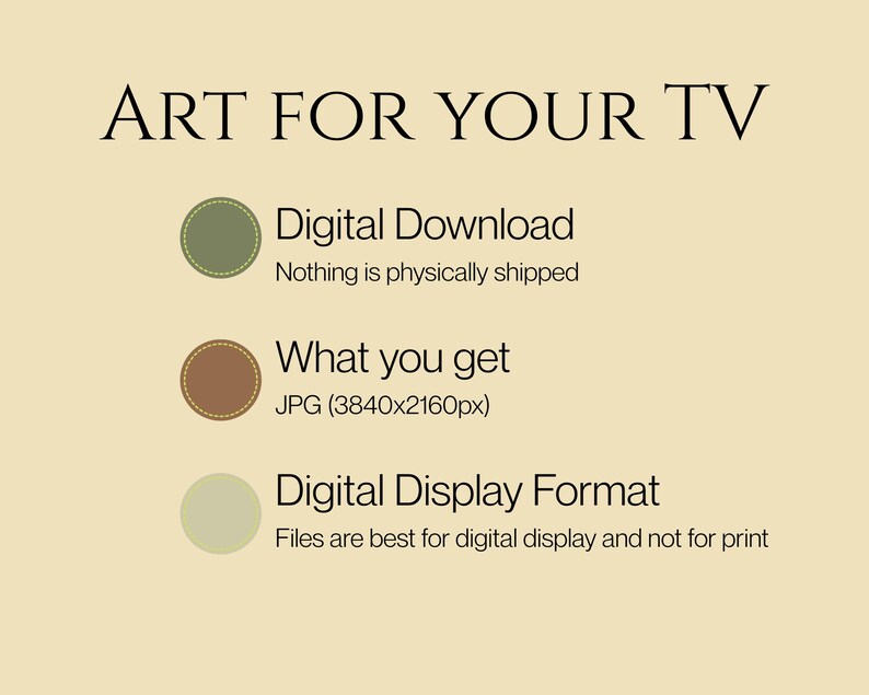May include: A beige graphic with the text "ART FOR YOUR TV". The image details a digital download, the file format (JPG), and the digital display format. The text is in a black serif font.