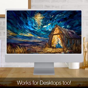 May include: A computer monitor displays a stained-glass style image of the Nativity scene. The artwork features a bright star, a stable, and figures in blue and white. The text at the bottom reads "Works for Desktops too!"