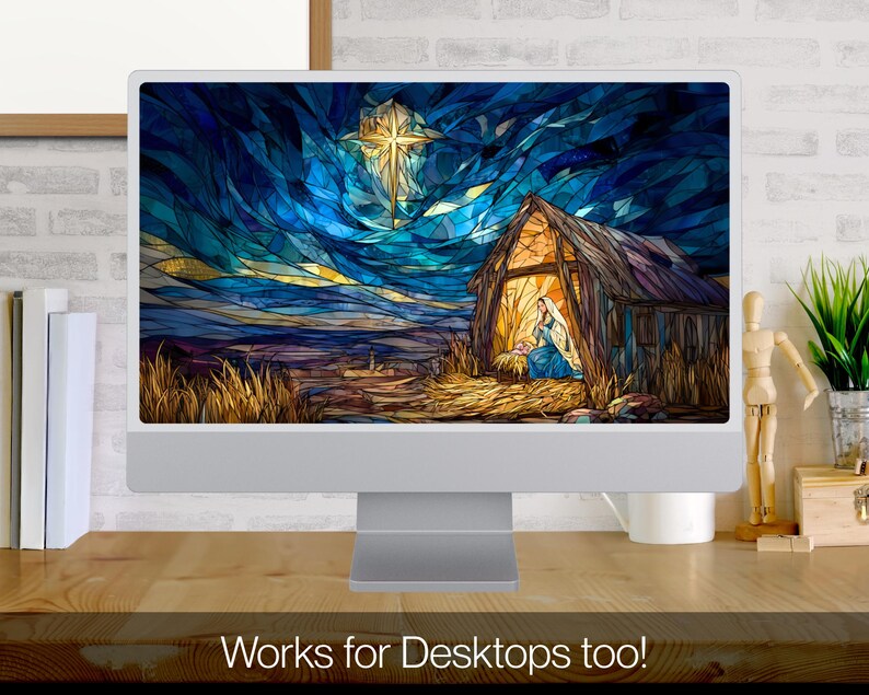 May include: A computer monitor displays a stained-glass style image of the Nativity scene. The artwork features a bright star, a stable, and figures in blue and white. The text at the bottom reads "Works for Desktops too!"