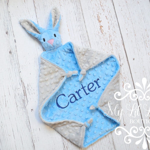 Small blue bunny lovey blanket personalized - blue and gray comfort stuffed bunny rabbit security corner knots - monogrammed embroidery