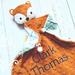 Small baby fox lovey blanket personalized - comfort stuffed woodland animal forest adventure corner knots - monogrammed embroidery - shower
