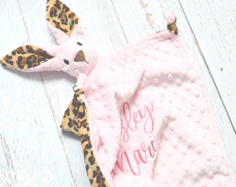 Small bunny lovey blanket personalized - cheetah print leopard comfort stuffed bunny rabbit security corner knots - monogrammed embroidery