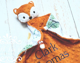 Small baby fox lovey blanket personalized - comfort stuffed woodland animal forest adventure corner knots - monogrammed embroidery - shower