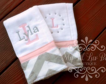 Personalized burp cloth girl set of two - baby shower gift - prefold diaper burp cloths - chevron burp cloths 2 - burp cloth monogrammed