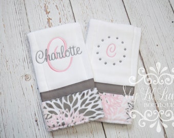 Personalized flowers baby burp cloth set - diaper burp cloth pink gray -  set of 2 prefold - custom embroidered baby shower gift