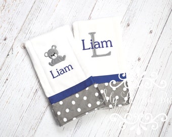 Personalized Burp cloth teddy bear boy - prefold diaper polka dot minky - shower gift - burp cloth monogrammed custom embroidered - set of 2