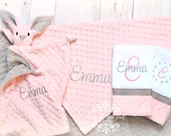 Personalized Baby gift set with blanket - pink and gray platinum bunny rabbit lovey burp cloth set- monogrammed embroidered