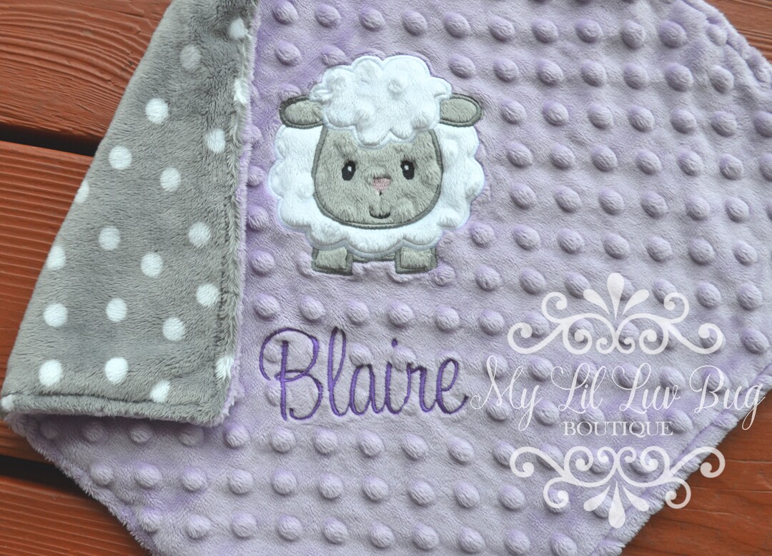 Lamb Baby Blanket Personalized Minky Lavender Sheep Farm Animal Baptism