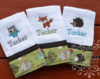 Personalized woodland fox owl hedgehog Burp cloth set of 3 prefold diaper - green and brown wild animals - set of two custom burps cloths