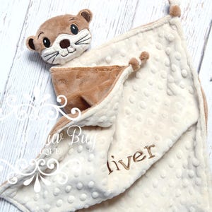 Small baby otter lovey blanket personalized - comfort stuffed sea river security corner knots - custom monogrammed embroidery - shower gift