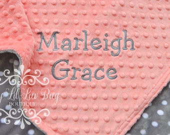 Polka dot minky baby blanket personalized  - girl coral peach and gray and white polka dots nursery - monogrammed custom embroidered