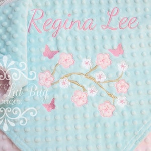 Cherry blossom flower baby blanket butterfly personalized minky blanket with name baby blanket flower monogrammed embroidered image 1