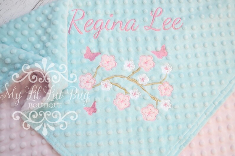 Cherry blossom flower baby blanket butterfly personalized minky blanket with name baby blanket flower monogrammed embroidered image 1