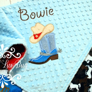 Personalized country western boy boots and hat baby blanket minky cowboy rodeo horse farm embroidered stroller custom monogrammed image 1