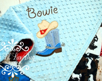 Personalized country western boy boots and hat baby blanket minky - cowboy rodeo horse farm embroidered stroller - custom monogrammed