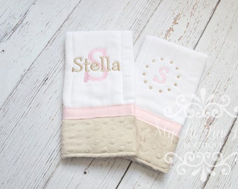 Personalized Burp cloths beige tan and light pink - gold set of two prefold diaper - monogrammed custom baby shower gift