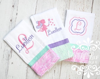 Fairy princess personalized Burp cloth set of 3 - pink and purple fairy tale whimsical pixie dust prefold diaper - shower gift monogrammed